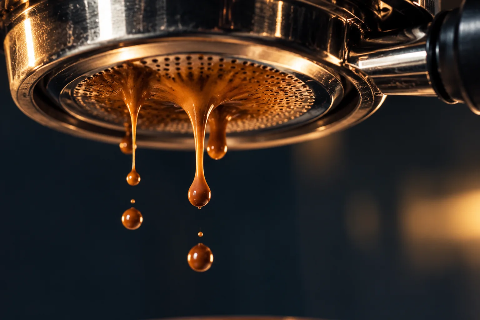 Generated editorial illustration: Coffee dripping from a bottomless portafilter basket beneath an espresso machine.