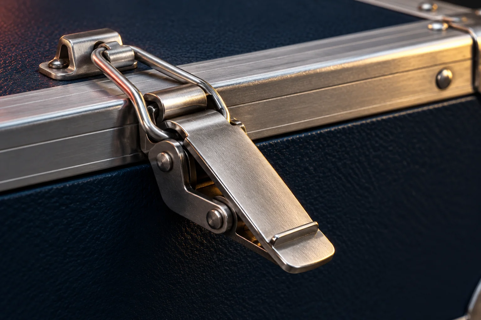 Generated editorial illustration: A steel draw latch with a wire loop spanning the seam of a navy equipment case.