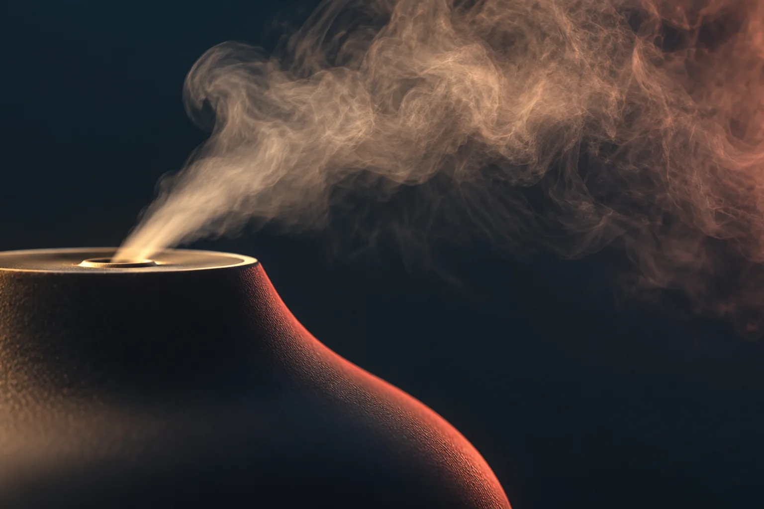 Generated editorial illustration: A fine mist plume emerging from the opening of a dark humidifier.