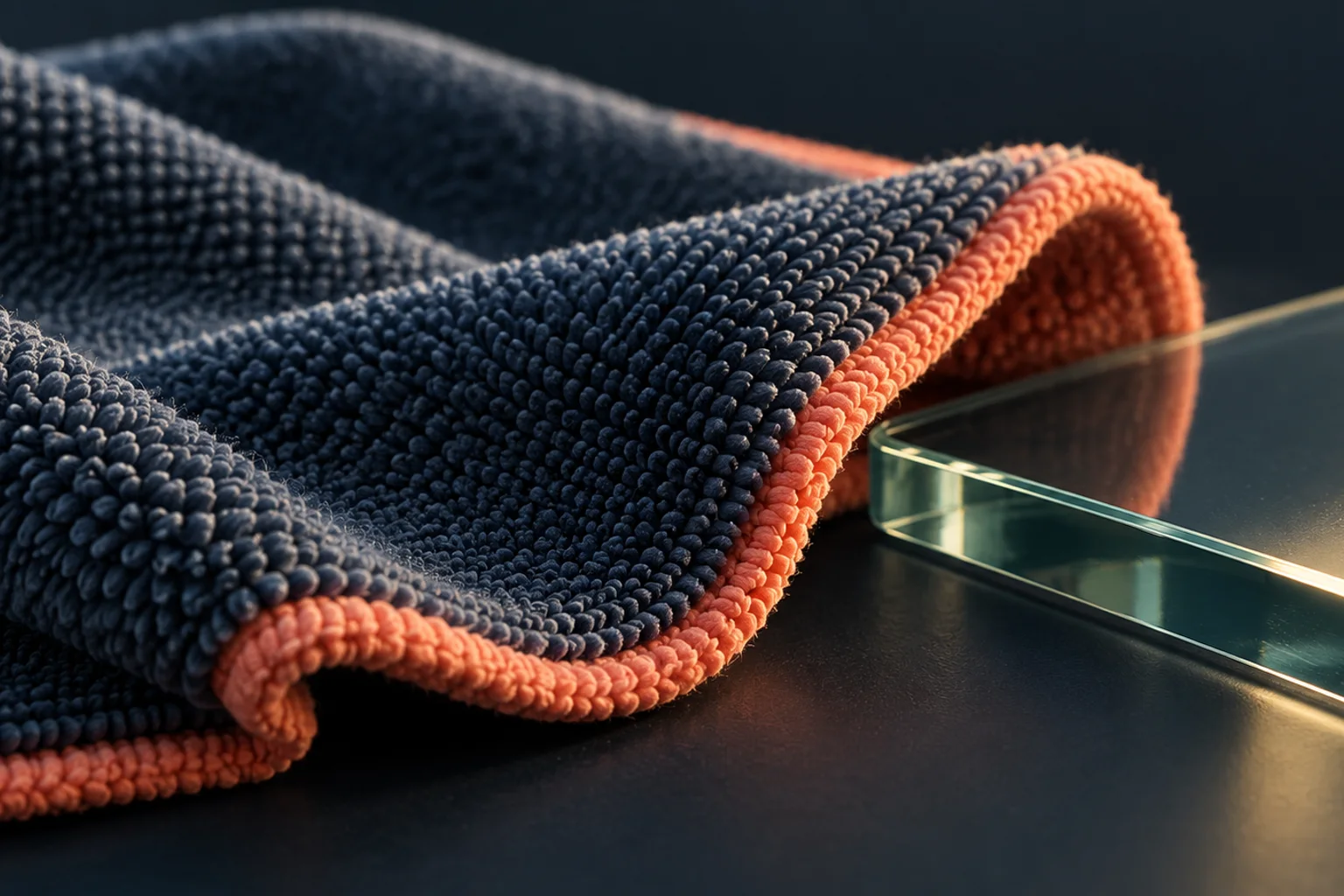 Generated editorial illustration: Folded navy microfiber cloth with coral edging beside a clean glass edge.