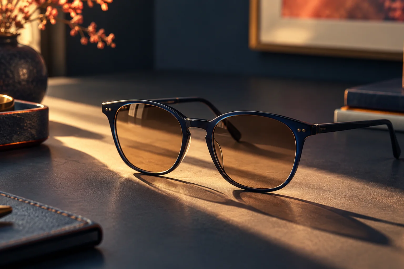 Generated editorial illustration: Brown-tinted eyeglasses resting in a strip of warm sunlight on a dark desk.