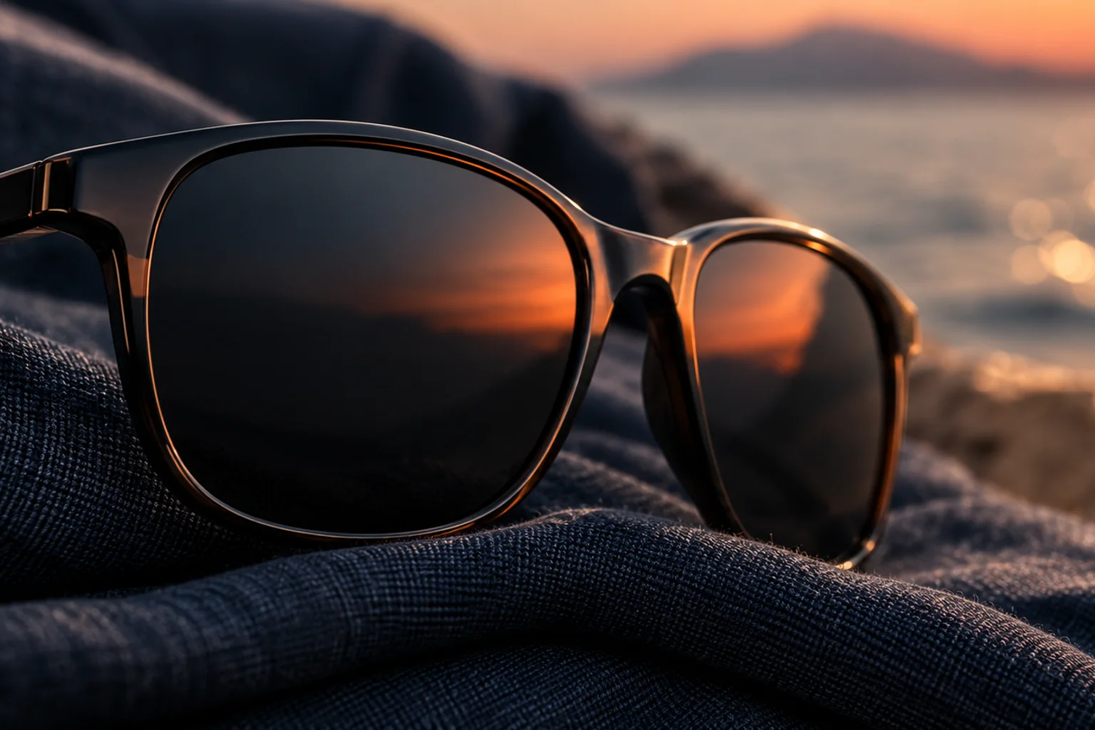 Generated editorial illustration: Dark sunglasses on folded navy linen with soft sunset highlights in the background.