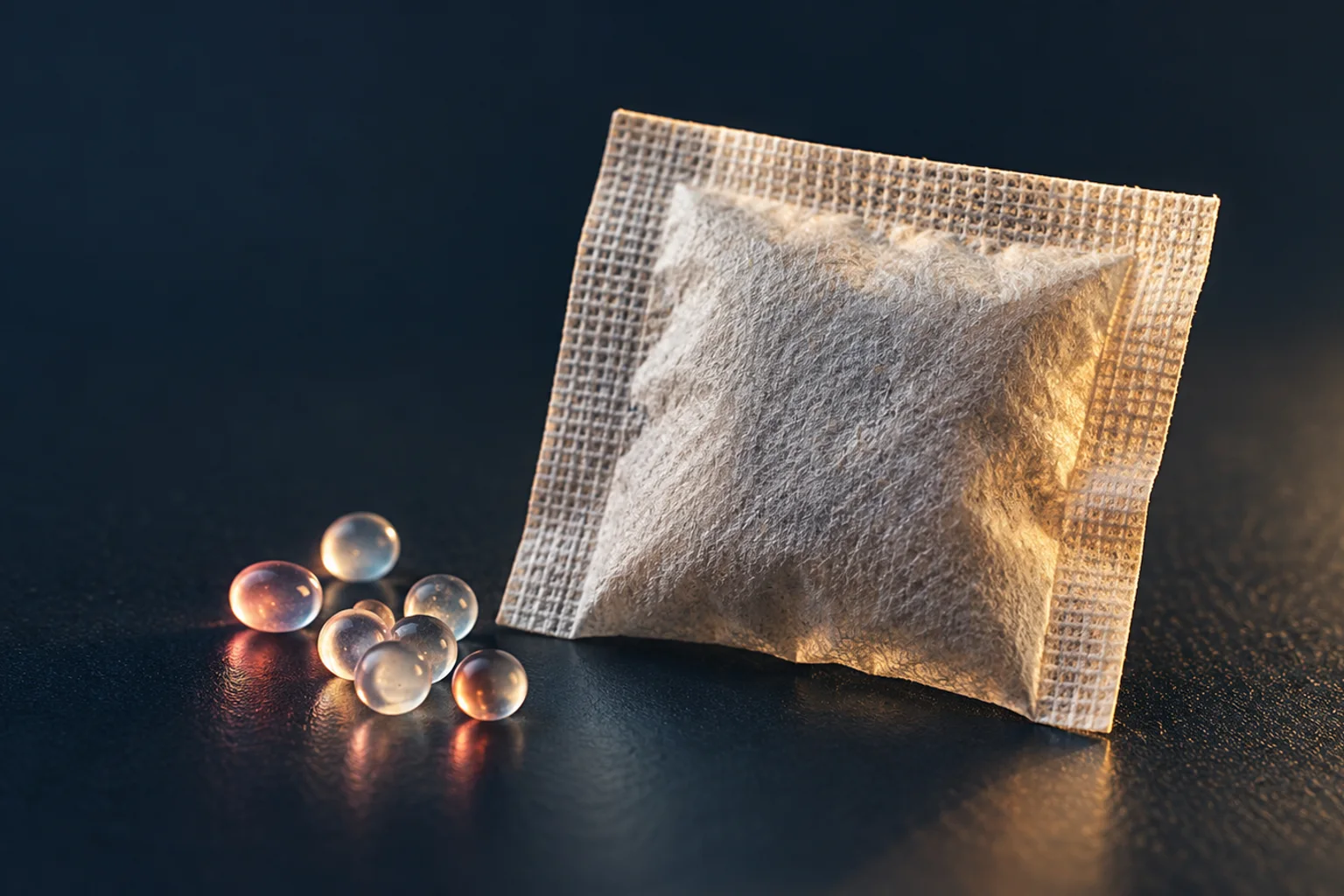 Generated editorial illustration: A plain porous desiccant packet with several translucent beads beside it.
