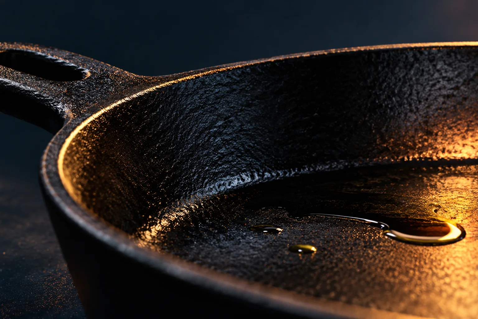 Generated editorial illustration: The textured dark surface of a cast-iron skillet with a small sheen of oil.