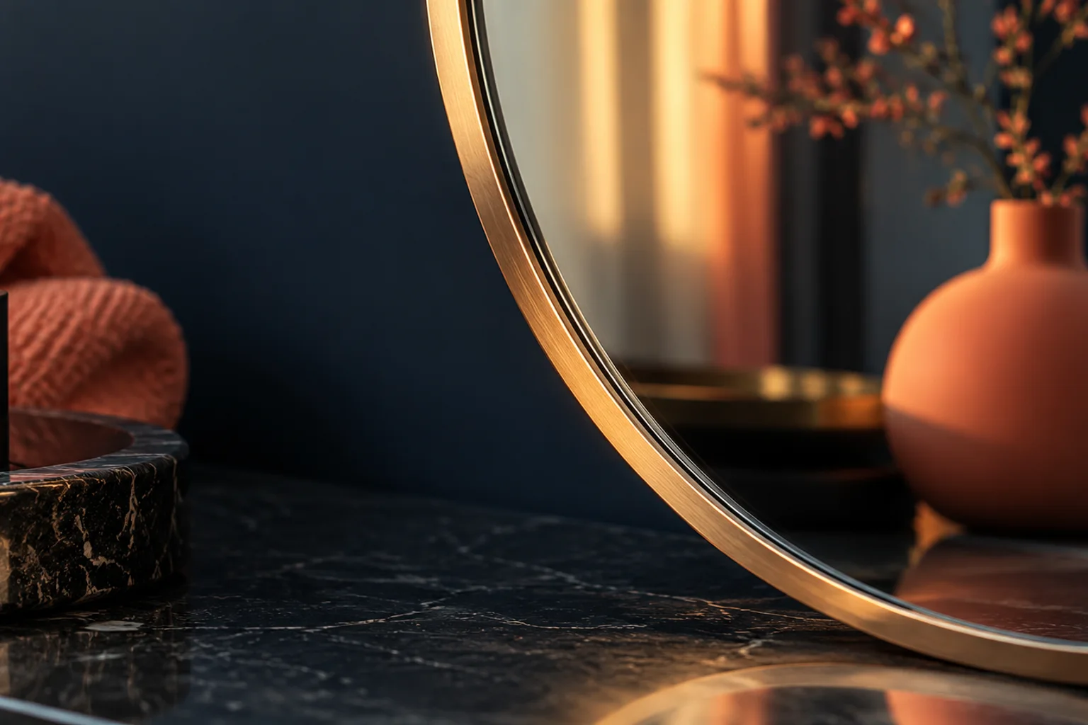 Generated editorial illustration: The edge of a round household mirror reflecting a coral vase.