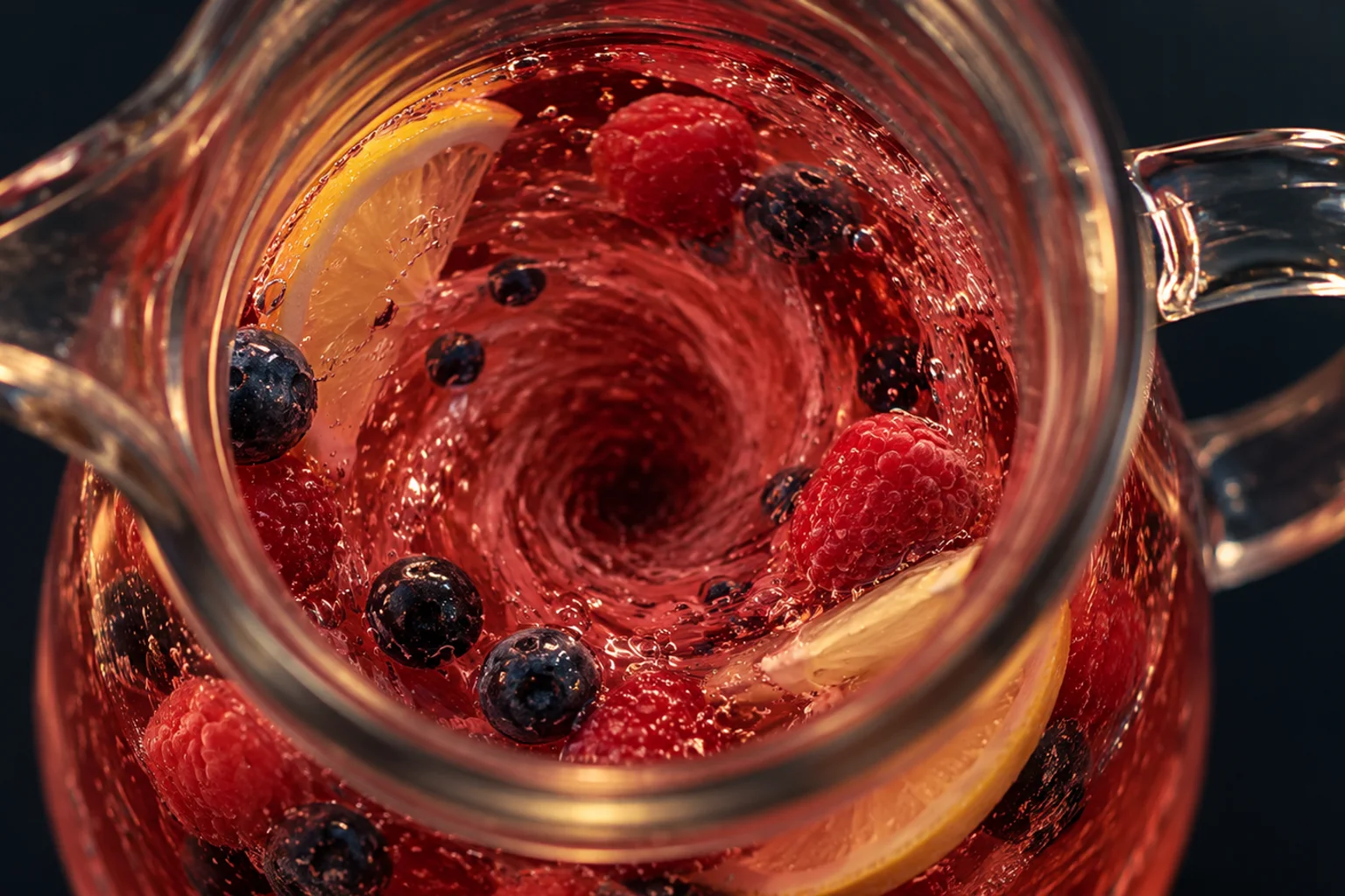 Generated editorial illustration: A red fruit mixture swirling into a vortex inside a clear blender jar.