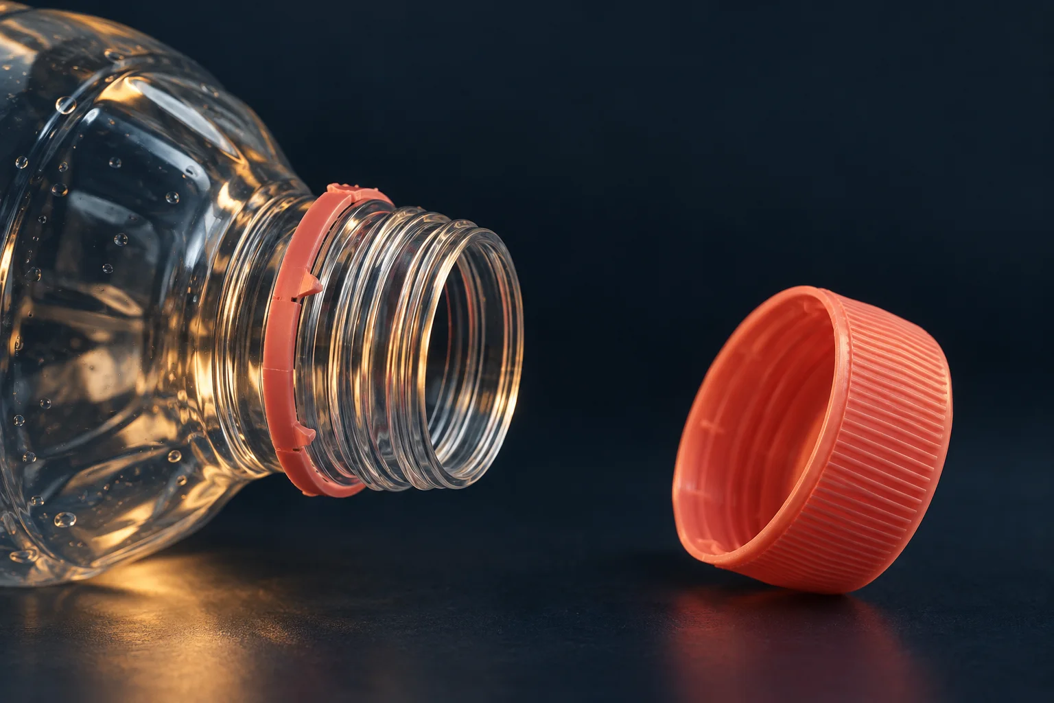Generated editorial illustration: A removed coral bottle cap beside a clear bottle neck with its tamper ring still attached.