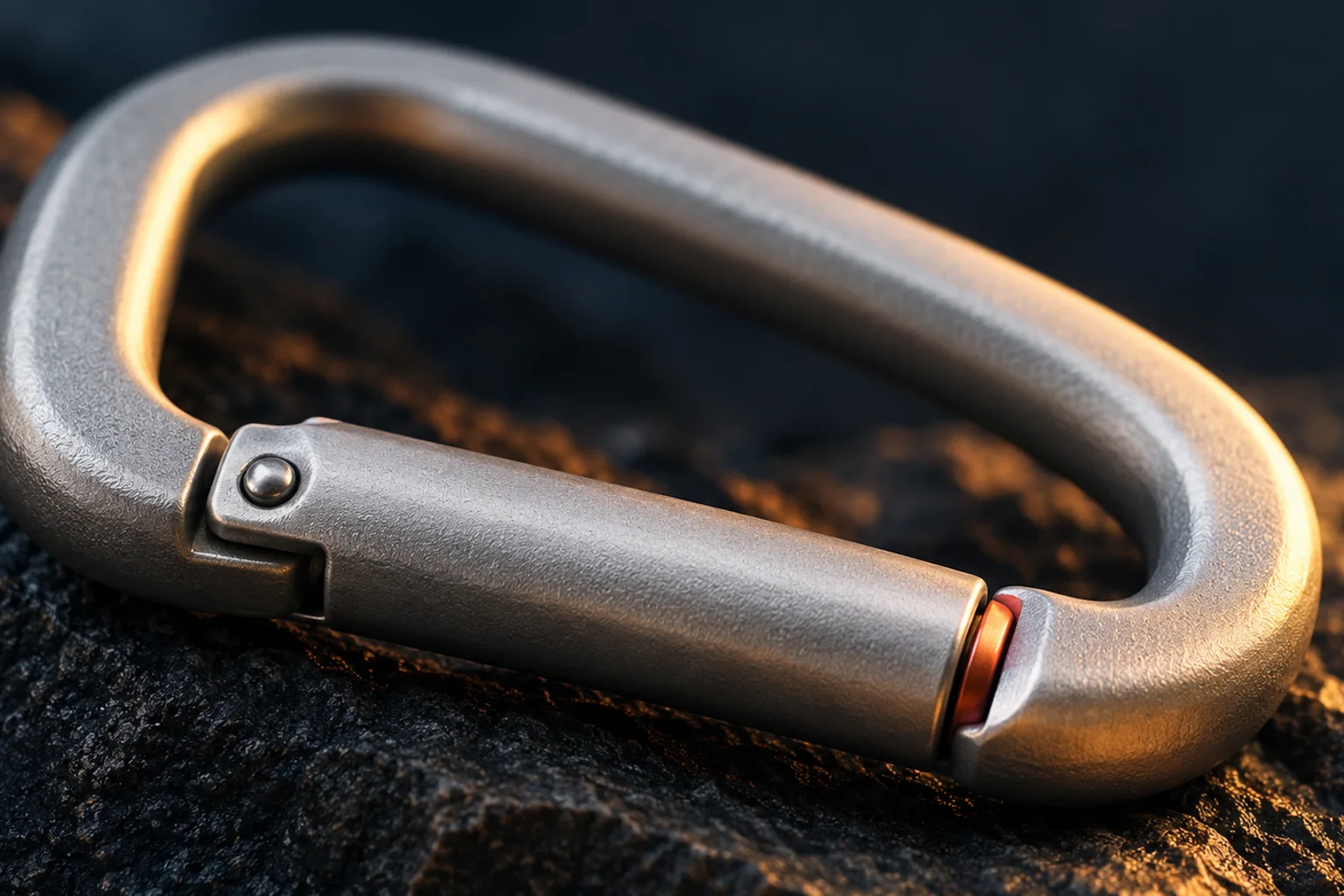 Generated editorial illustration: A closed silver carabiner with its gate hinge and nose connection visible.