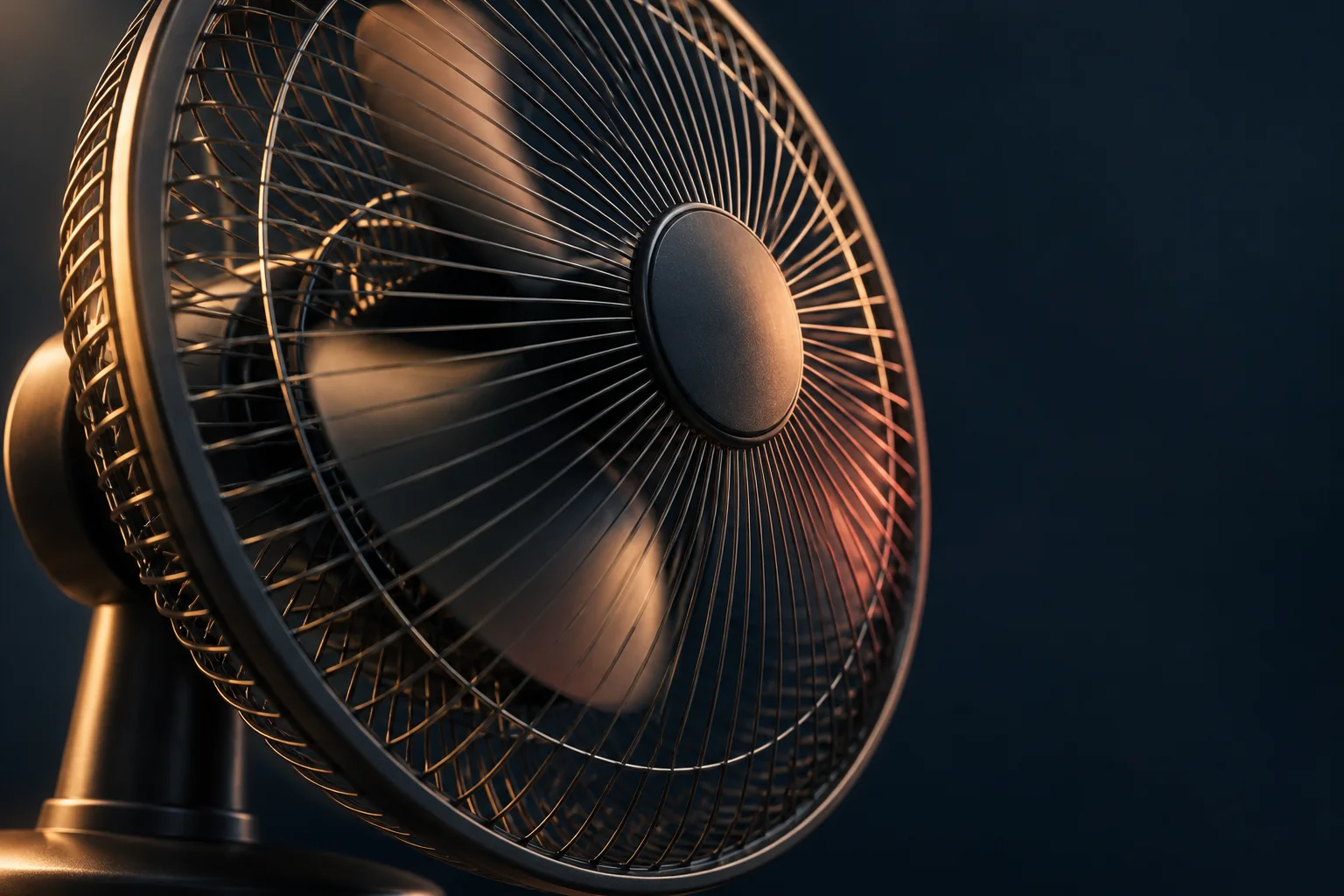 Generated editorial illustration: Curved fan blades behind a circular metal safety grille.