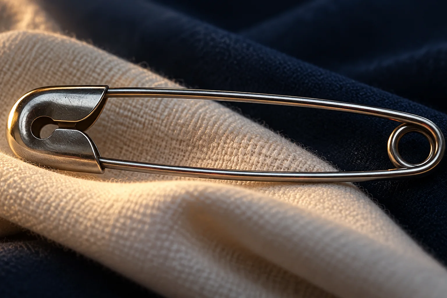 Generated editorial illustration: A closed silver safety pin with a visible coil resting on cream fabric.