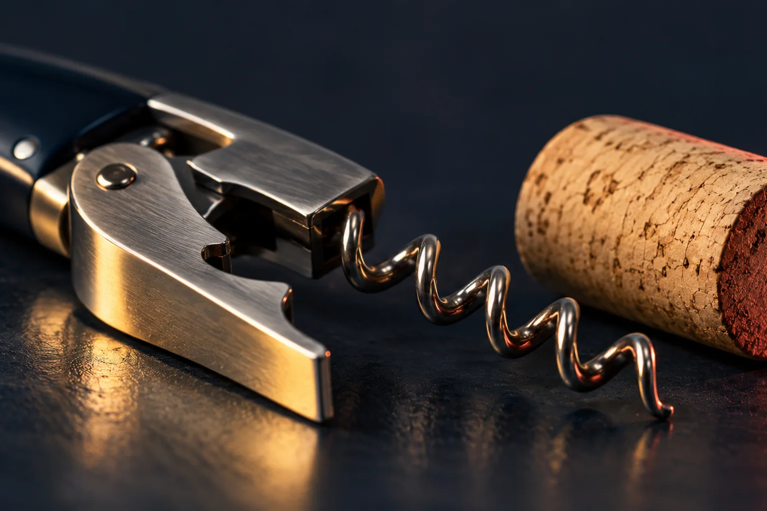 Generated editorial illustration: A steel waiter's corkscrew with its support arm open beside a cork.