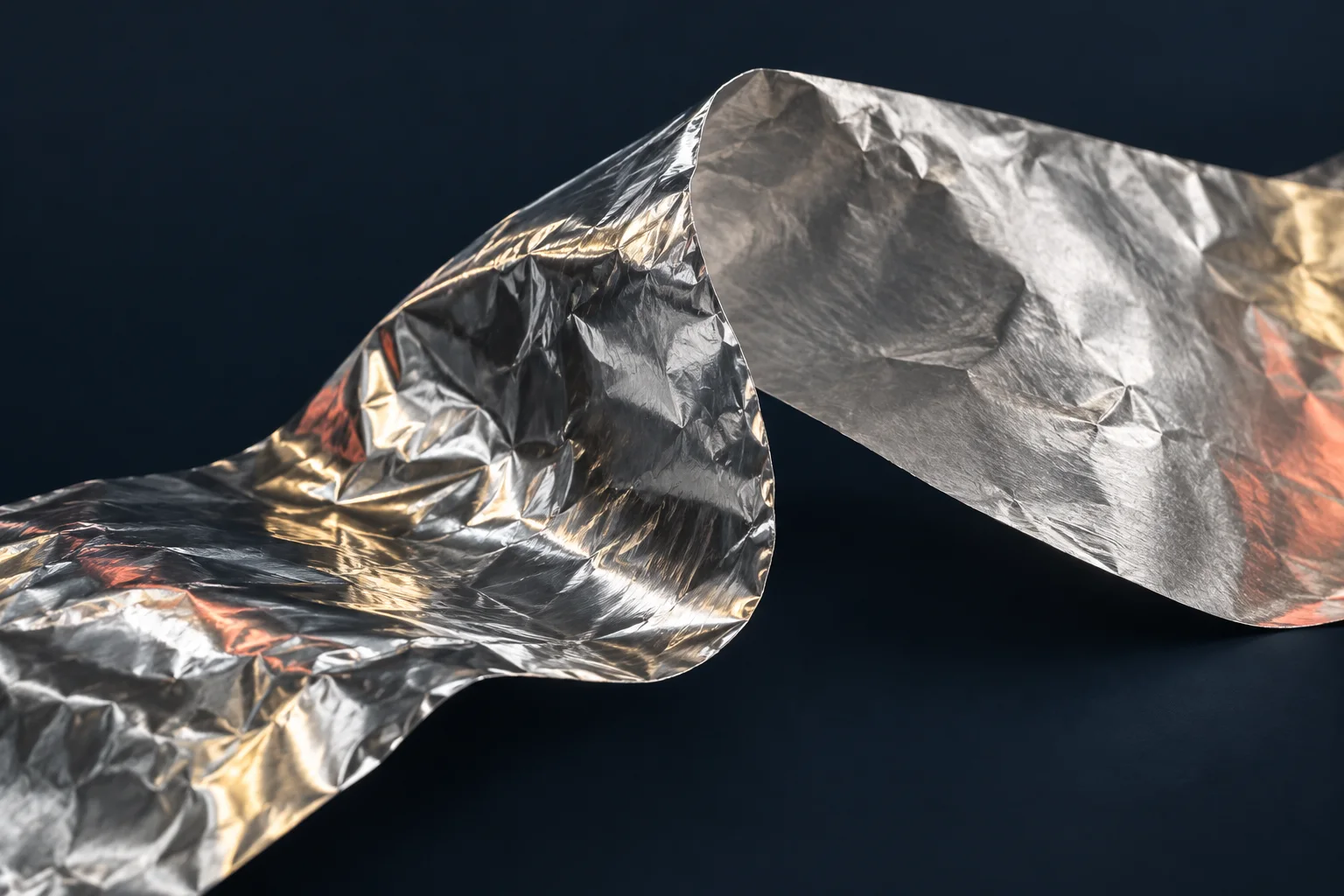 Generated editorial illustration: Folded silver aluminum foil with glossy and matte faces on navy.