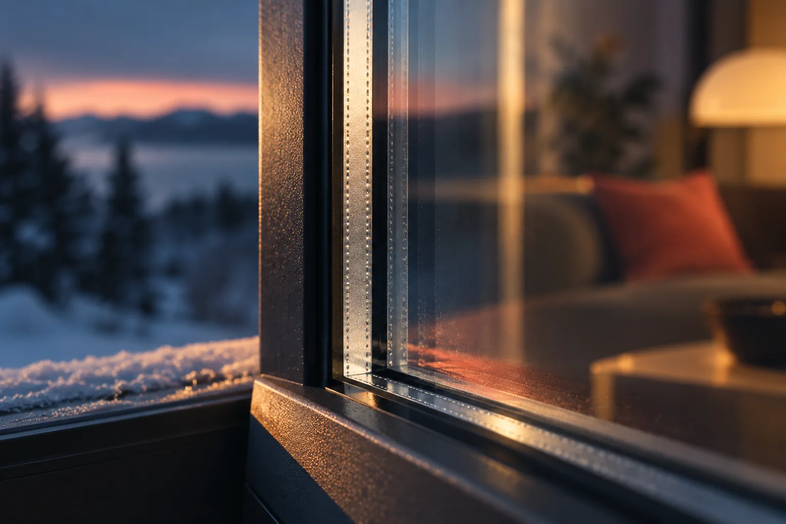 Generated editorial illustration: The edge of a window with a visible spacer and warm room reflected in the glass.