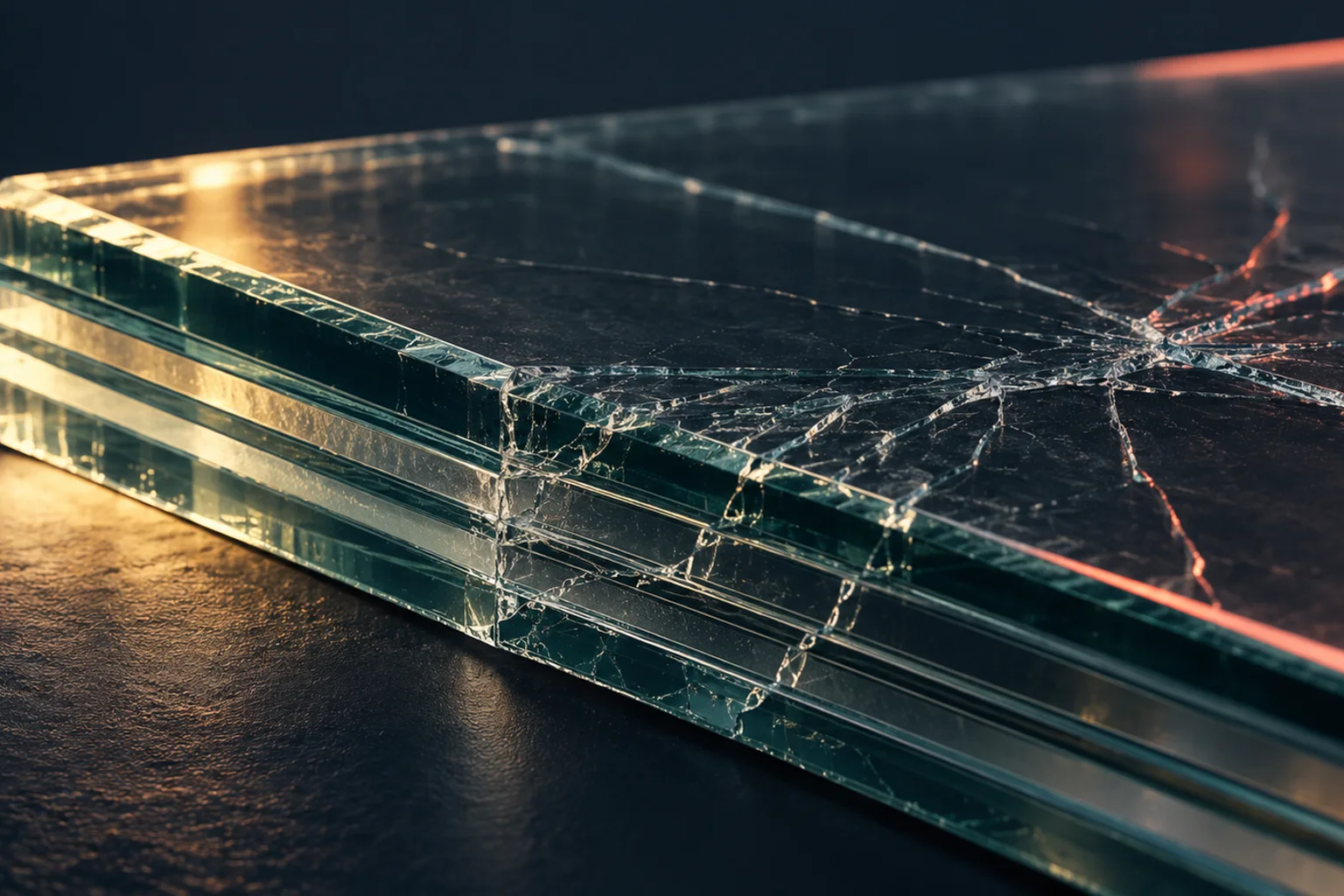 Generated editorial illustration: The edge of layered glass with a restrained network of cracks.
