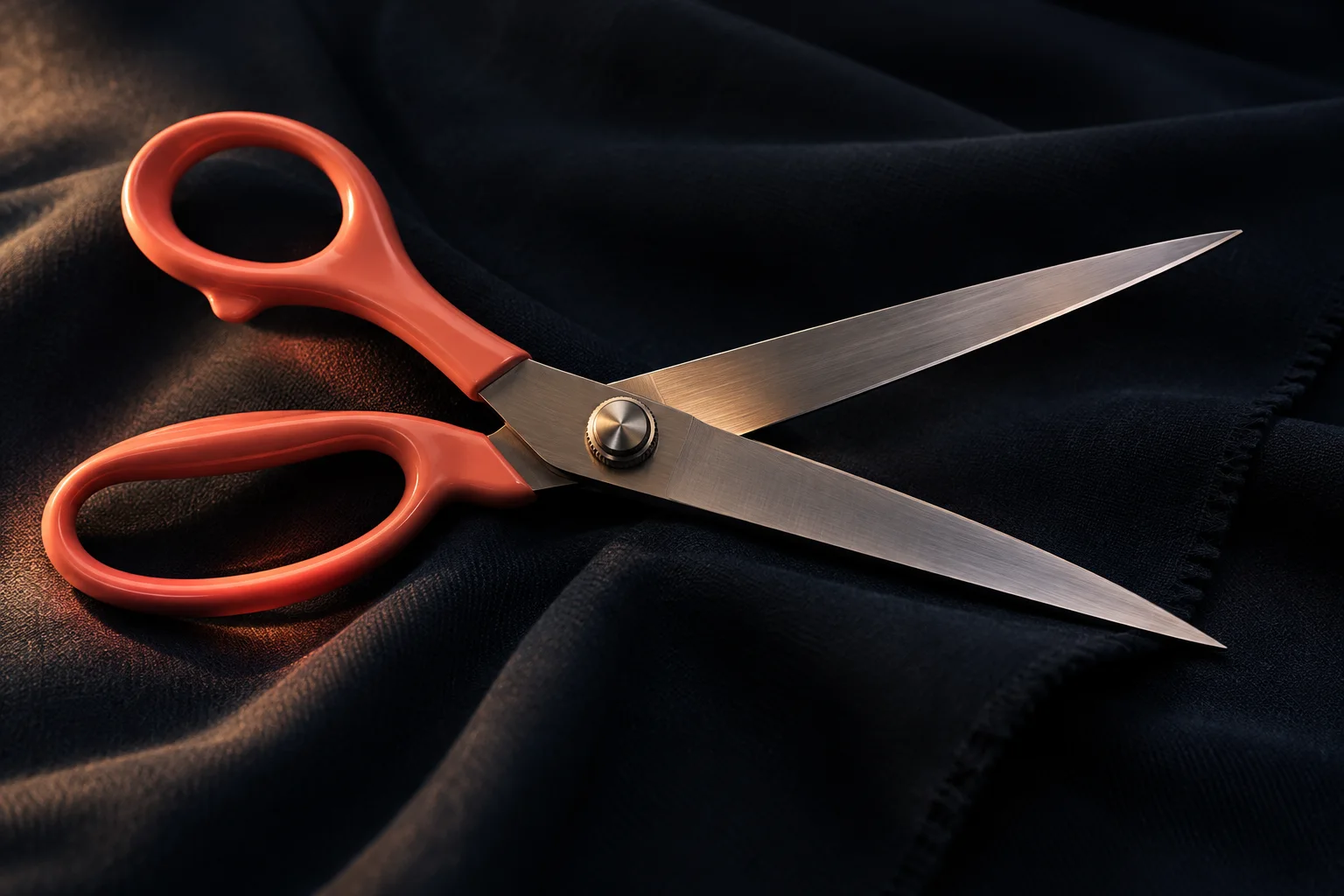 Generated editorial illustration: Coral-handled steel scissors lying slightly open on dark fabric.
