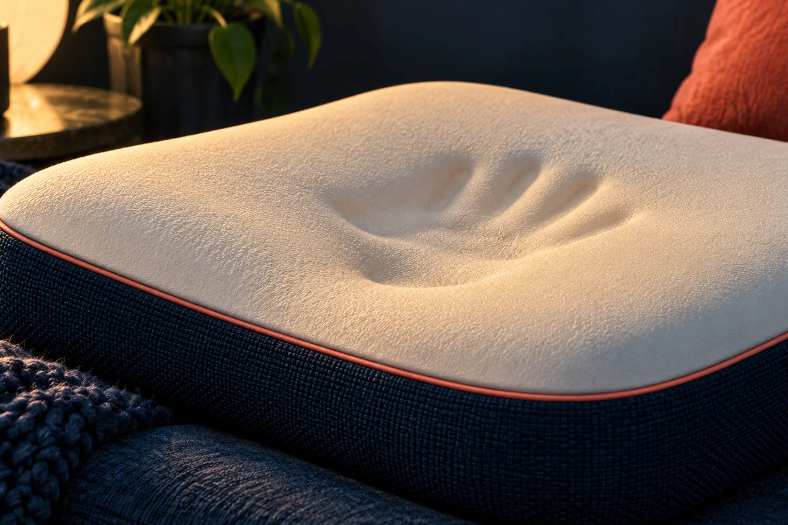 Generated editorial illustration: A hand-shaped indentation left in a cream foam cushion with navy sides.