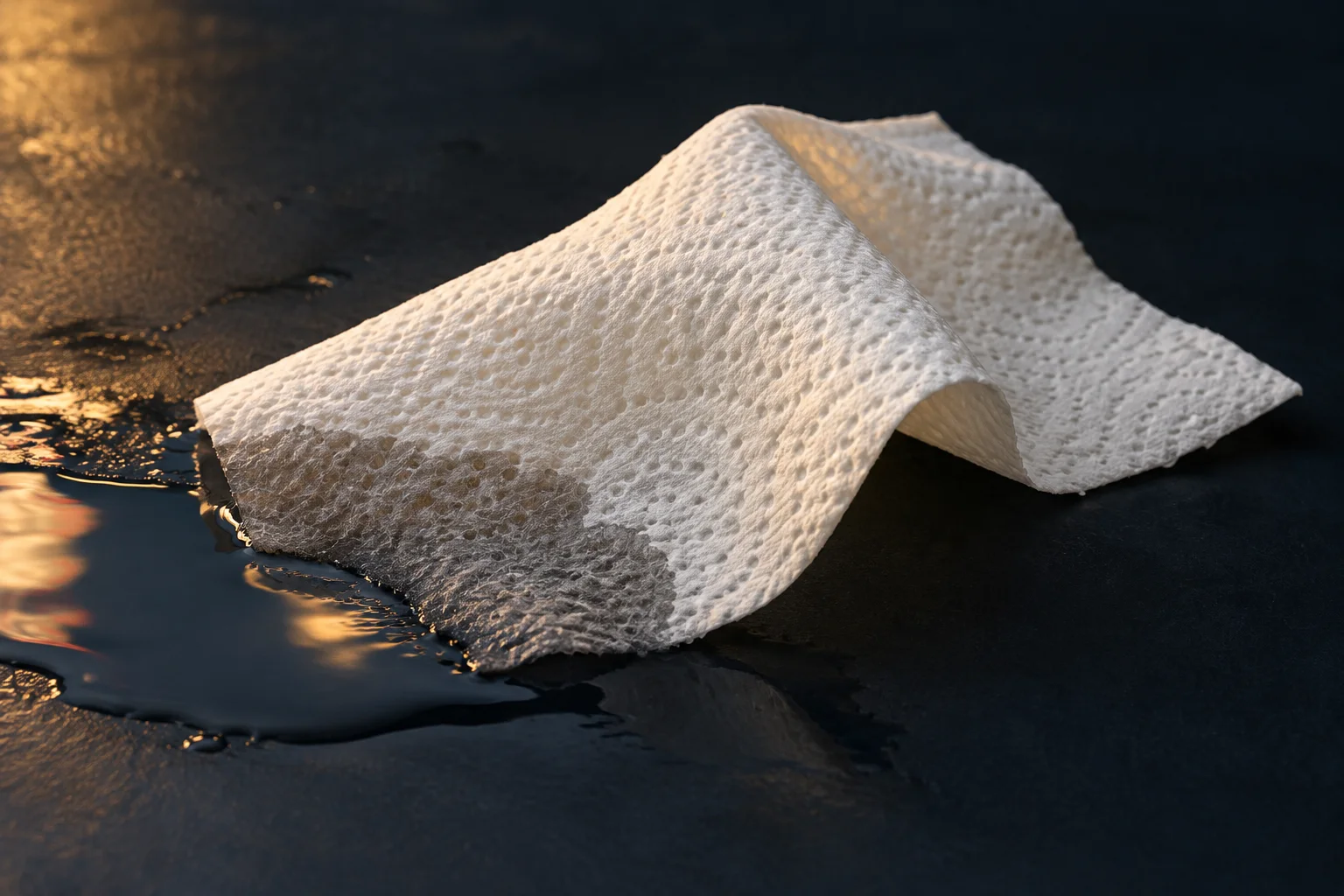 Generated editorial illustration: A white paper towel touching shallow water, with an irregular darker wet edge.
