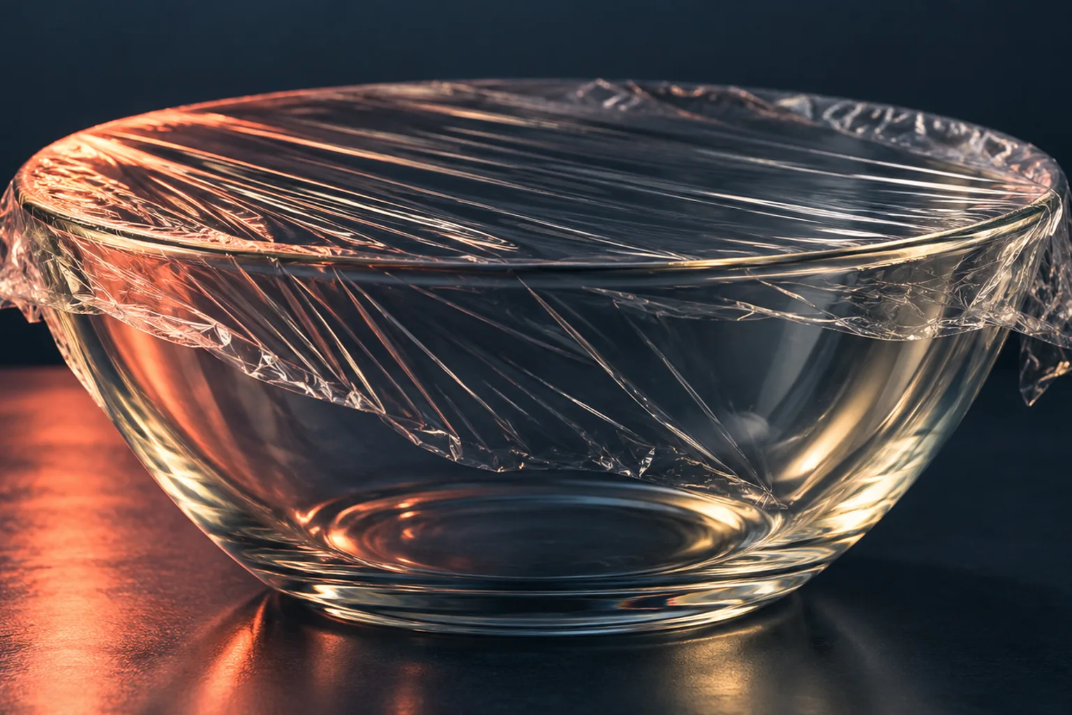 Generated editorial illustration: Clear plastic wrap stretched over the rim of a glass bowl.
