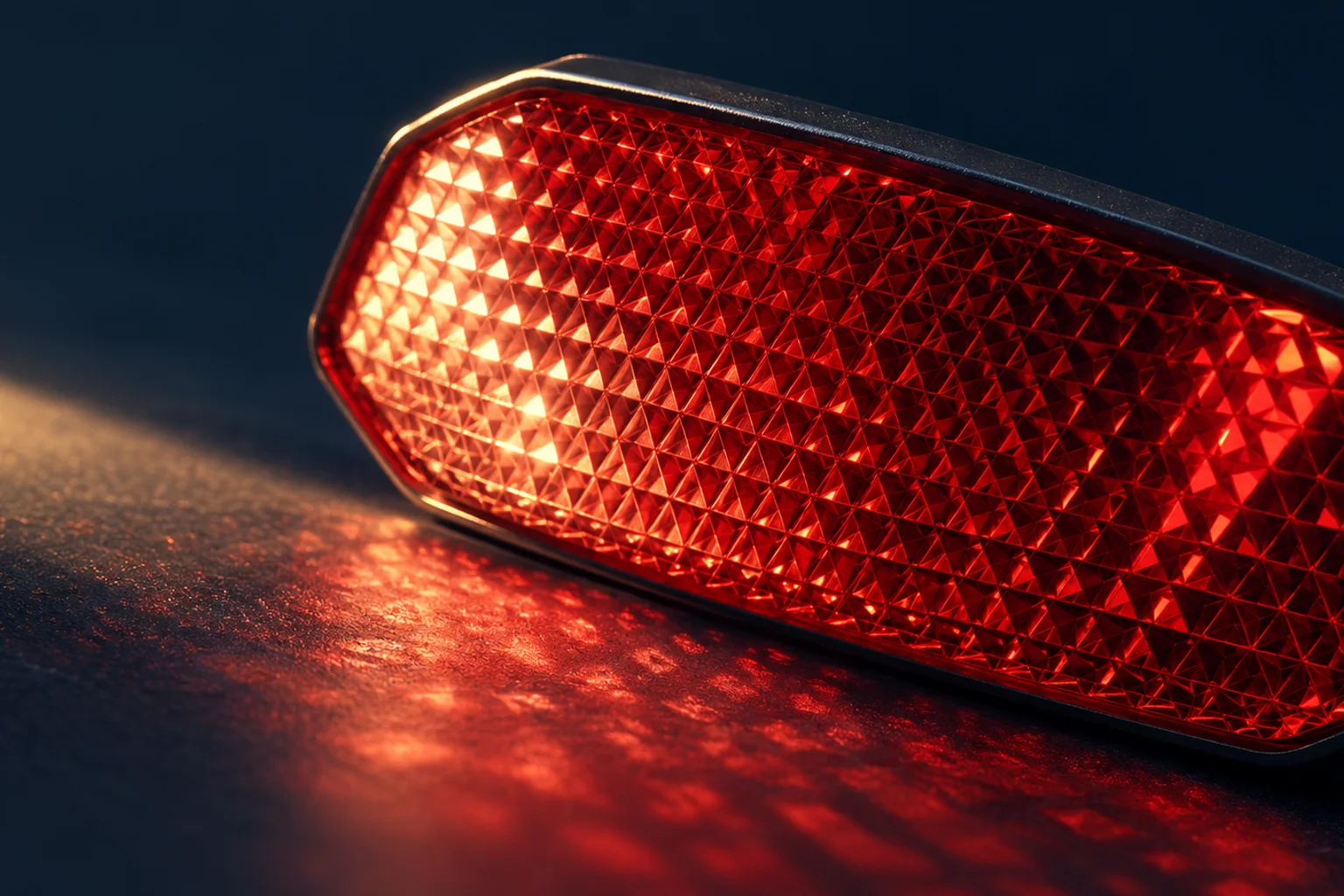 Generated editorial illustration: A red faceted reflector with a bright highlight on its textured surface.