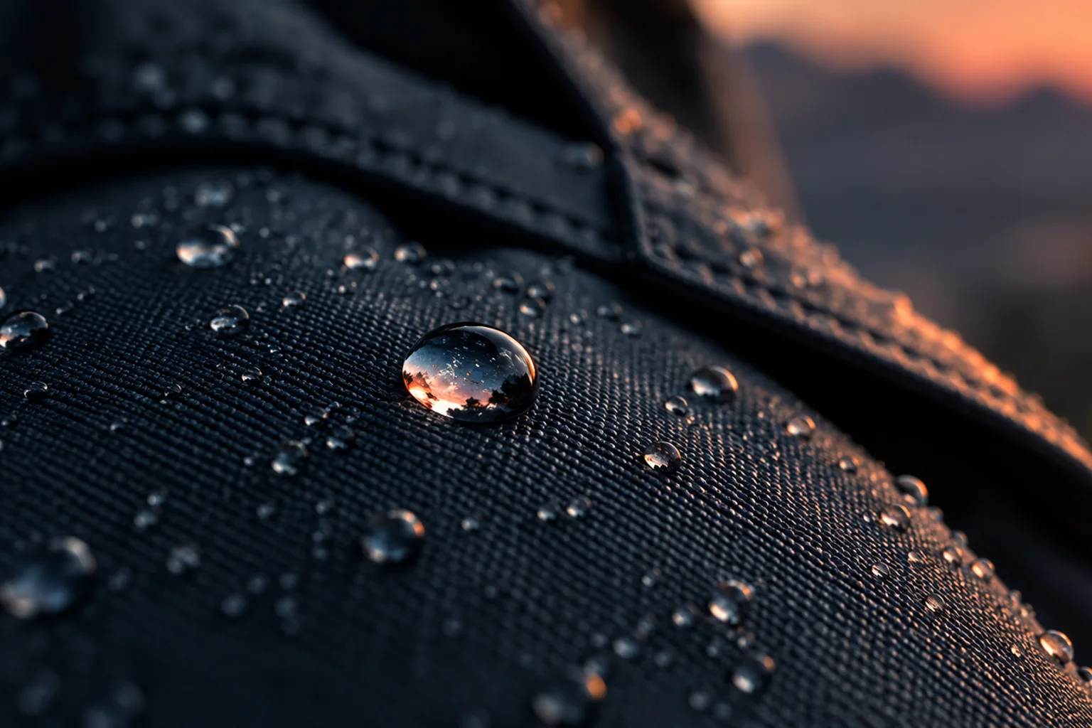 Generated editorial illustration: Round water droplets beading on dark woven rain-jacket fabric.