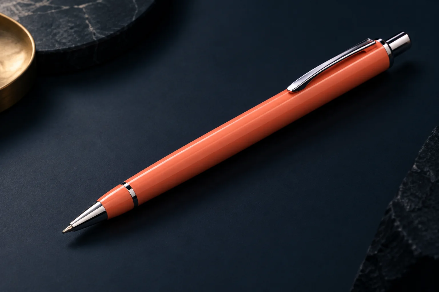 Generated editorial illustration of a coral retractable pen on a dark surface.
