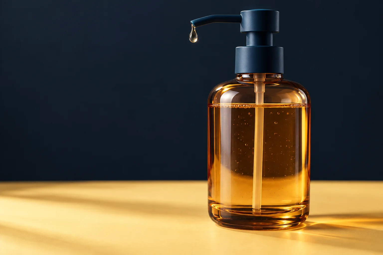 Generated editorial illustration of an amber soap bottle with a navy pump.