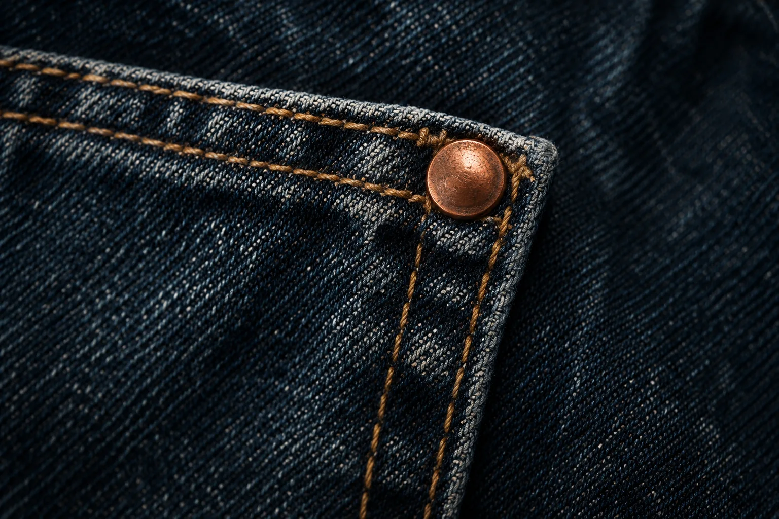 Generated editorial close-up of a copper rivet at a jeans pocket corner.