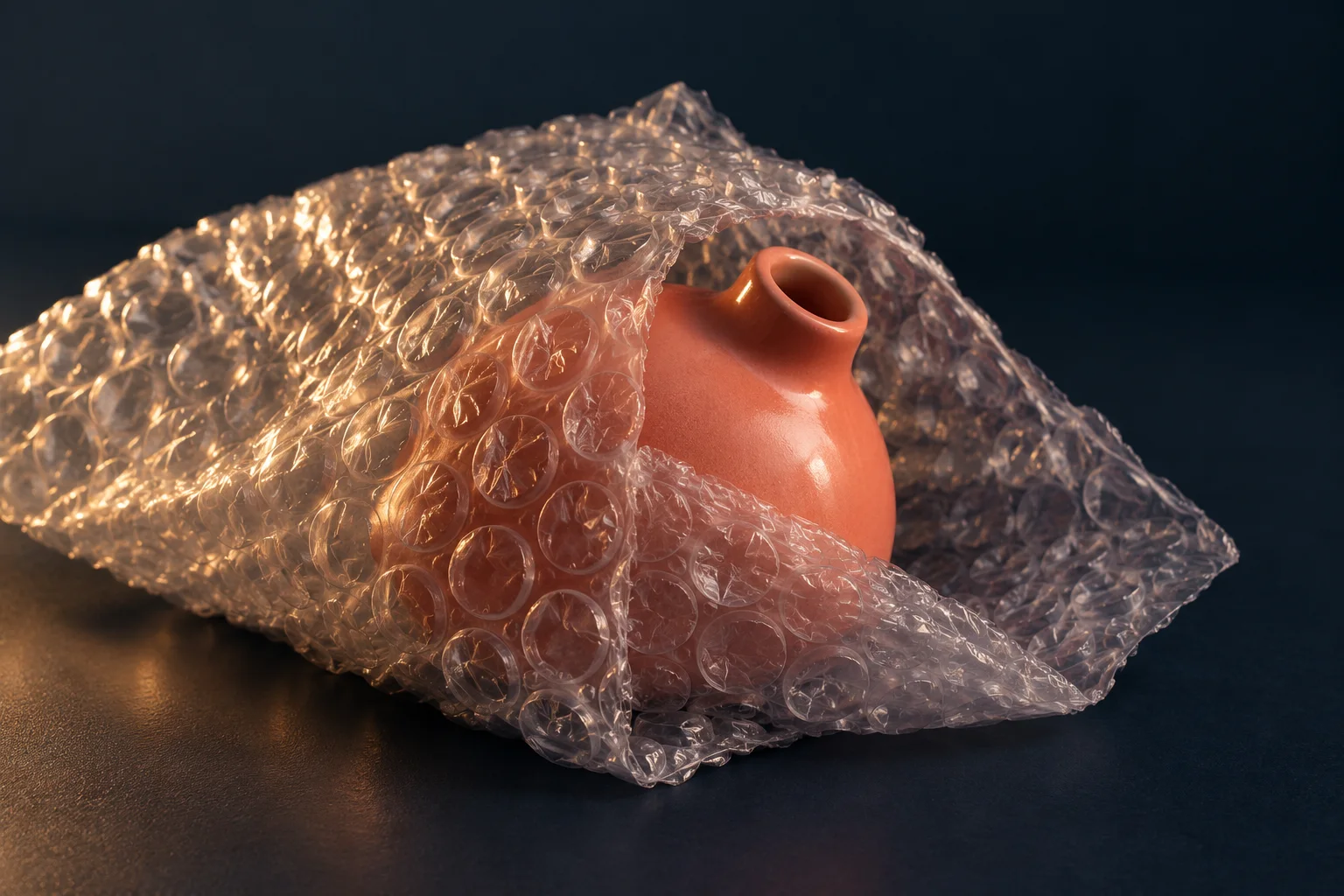 Generated editorial macro illustration of transparent inflated packaging cells across a dark background.