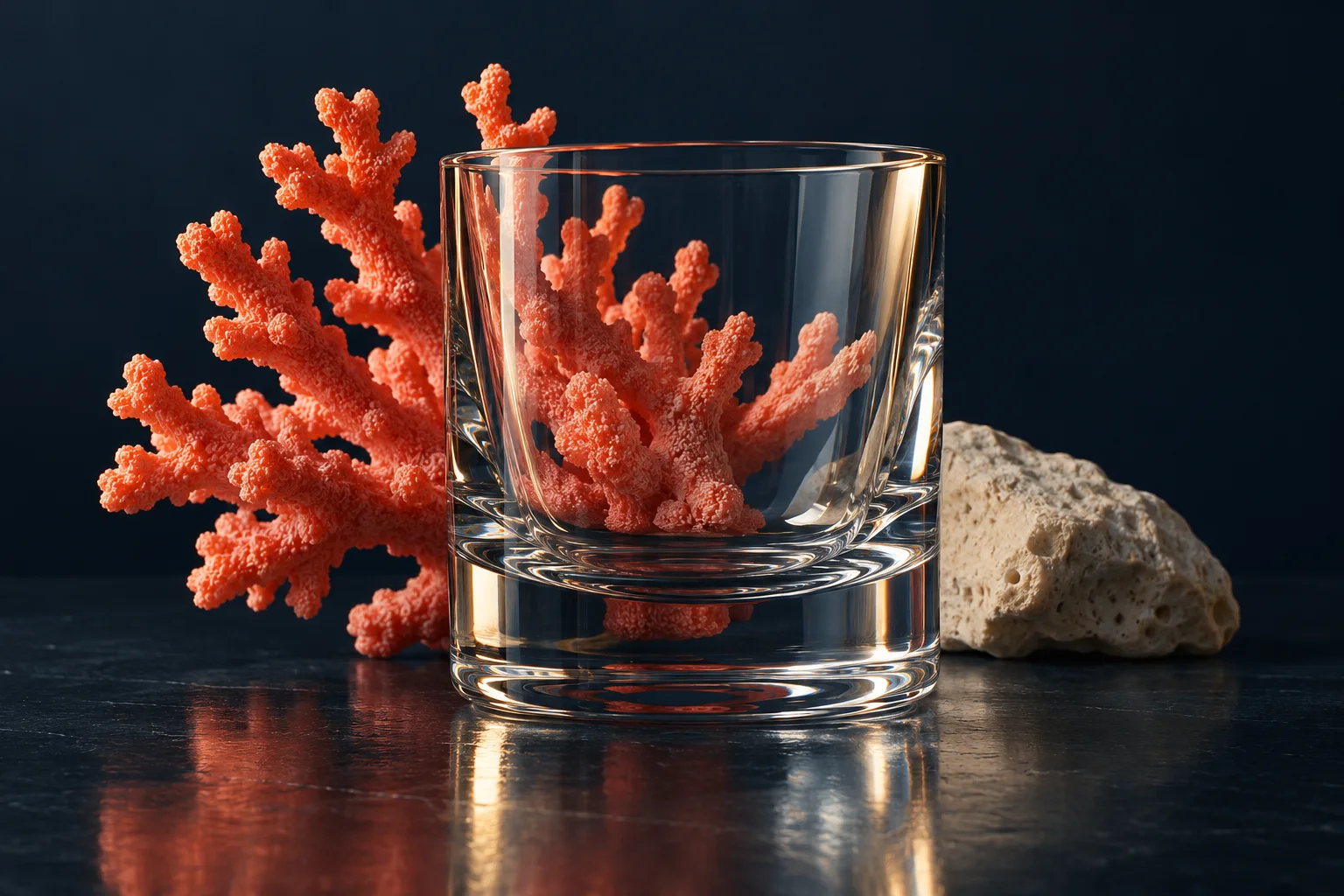 Generated editorial still life of a clear glass edge against navy, with a coral light reflection.