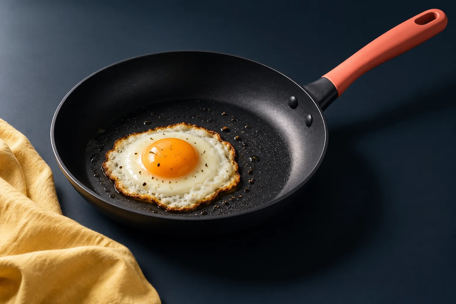 Generated editorial macro illustration of a dark nonstick pan rim with a smooth curved interior.