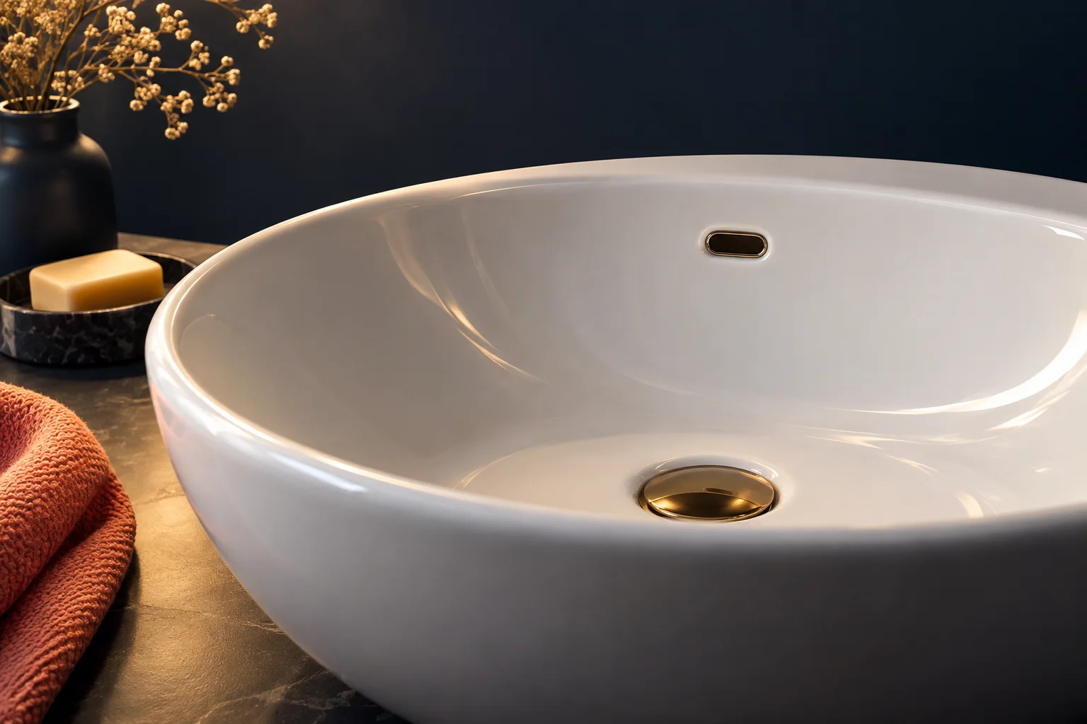 Generated editorial close-up of an overflow opening in a white ceramic basin.