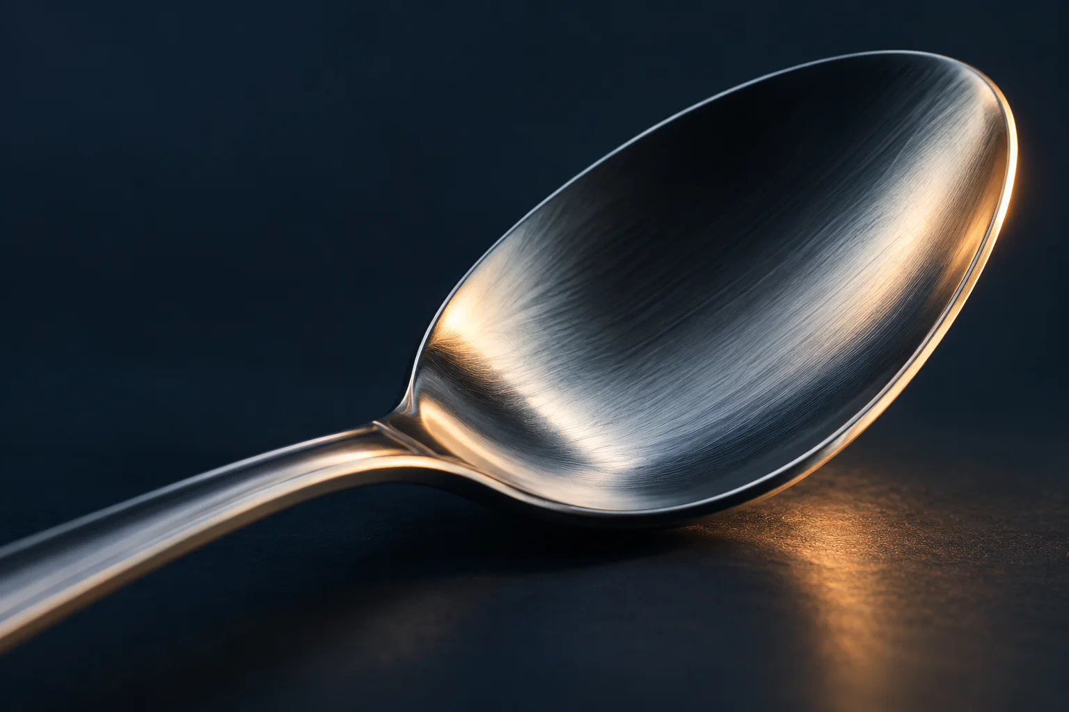 Generated editorial macro illustration of a brushed stainless-steel spoon with a clean curved highlight.