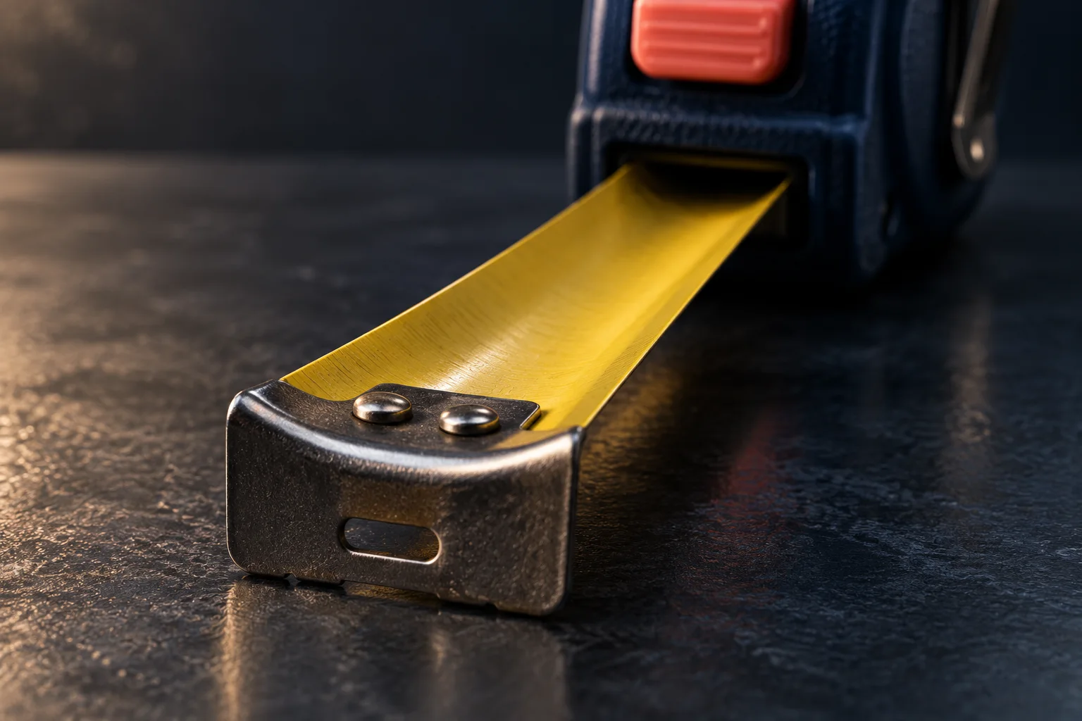 Generated editorial macro illustration of a curved yellow steel tape-measure blade.