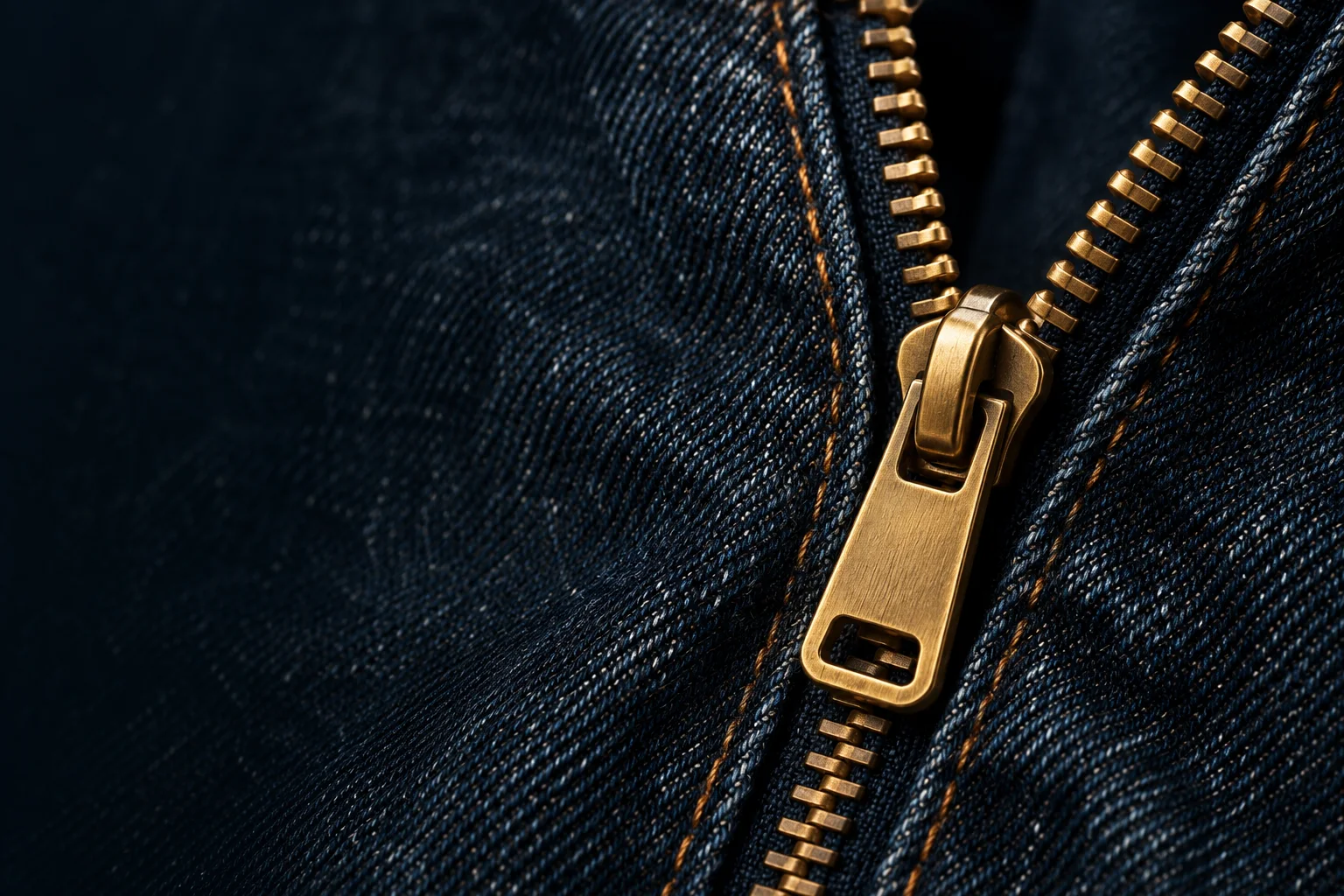 Generated editorial close-up of a brass zipper in dark indigo denim.